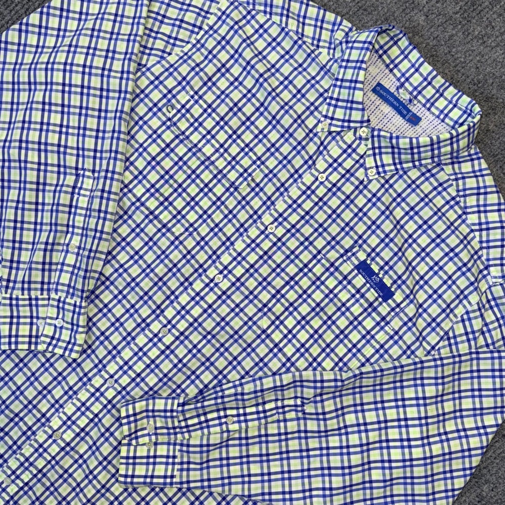 Southern Tide Mens XXL Blue Green Plaid Performance Fishing Shirt Long Sleeve